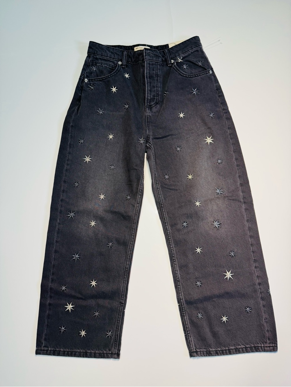 NWT Free People Deep Trance Boyfriend Embroidered Star Black Jeans Women’s Sz 26